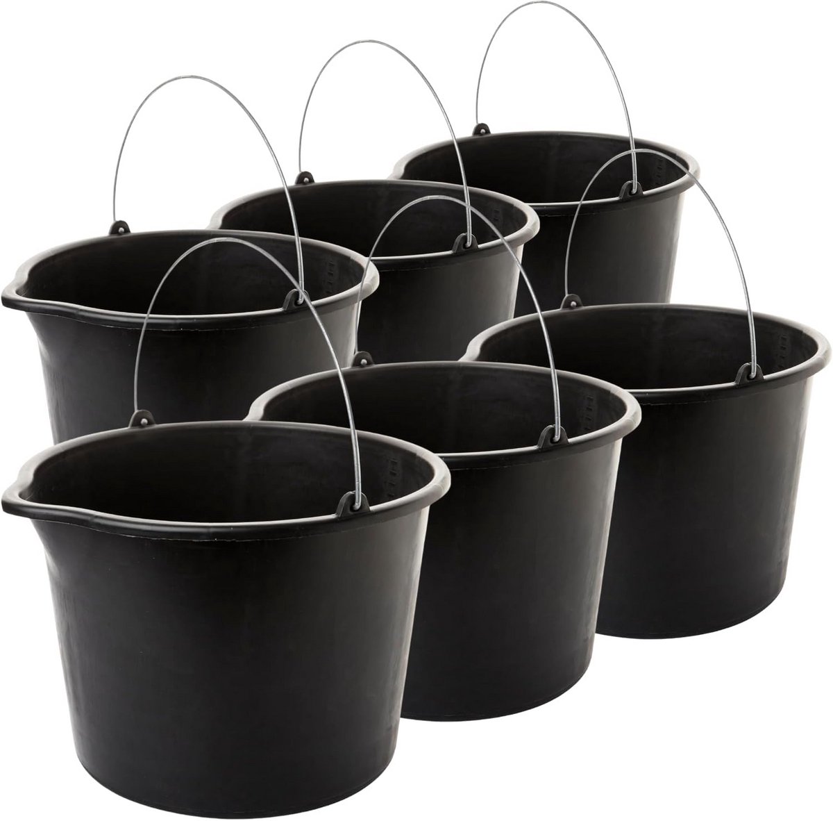 Bouw-emmer 12 liter, 6-delige set, zwart, met metalen beugel, uv- en weerbestendig