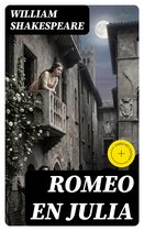 De cover van 'Romeo en Julia' toont een vrouw in een geel jurkje op een balkon met rozen, met een maan en een stad op de achtergrond.