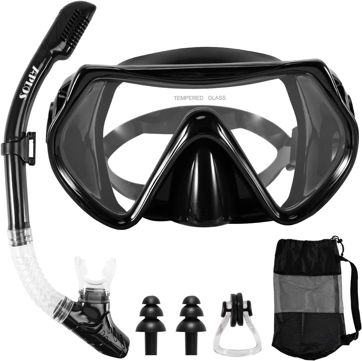 Snorkelset volwassenen met duikbril en droge snorkel - gehard glas