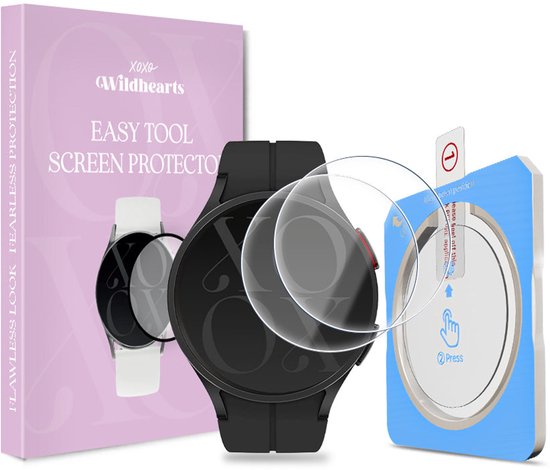 Schermprotector-duopack met installatietool, zwarte smartwatch en een tweede smartwatch met wit bandje. "EASY TOOL SCREEN PROTECTOR".