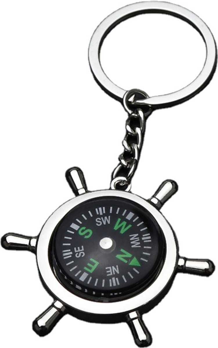 Kompas sleutelhanger - Stuurwiel - Bootliefhebbers - Kapiteins wiel - Stuurman - Sleutelaccessoire - Compass keychain - Nautische sleutelhanger - Cadeau - 8cm - 4cm - RVS - Jonyx