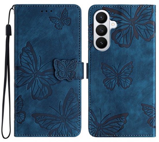 Étui de téléphone bleu avec gaufrage de papillons, ouvert et fermé côte à côte.
