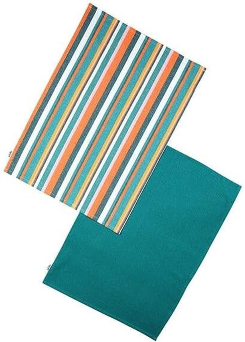 Set van 2 Gerecyclede Katoenen Theedoeken - Teal Streeppatroon