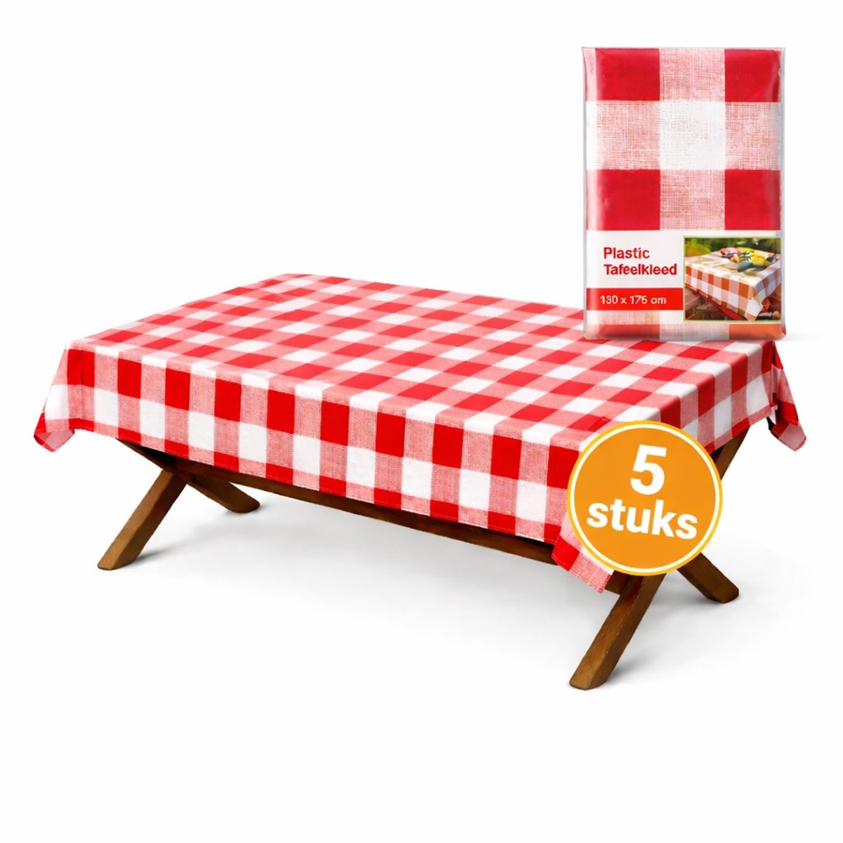 Chef Aid Kunststof Tafelkleed Rood/Wit – 5 Stuks – 130 x 175 cm – Wegwerp Tafelkleed – Feest & Picknick