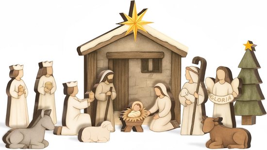 Houten Kerststal Set Miniatuur - Compleet Figuren & Bijbehorende Kaarten