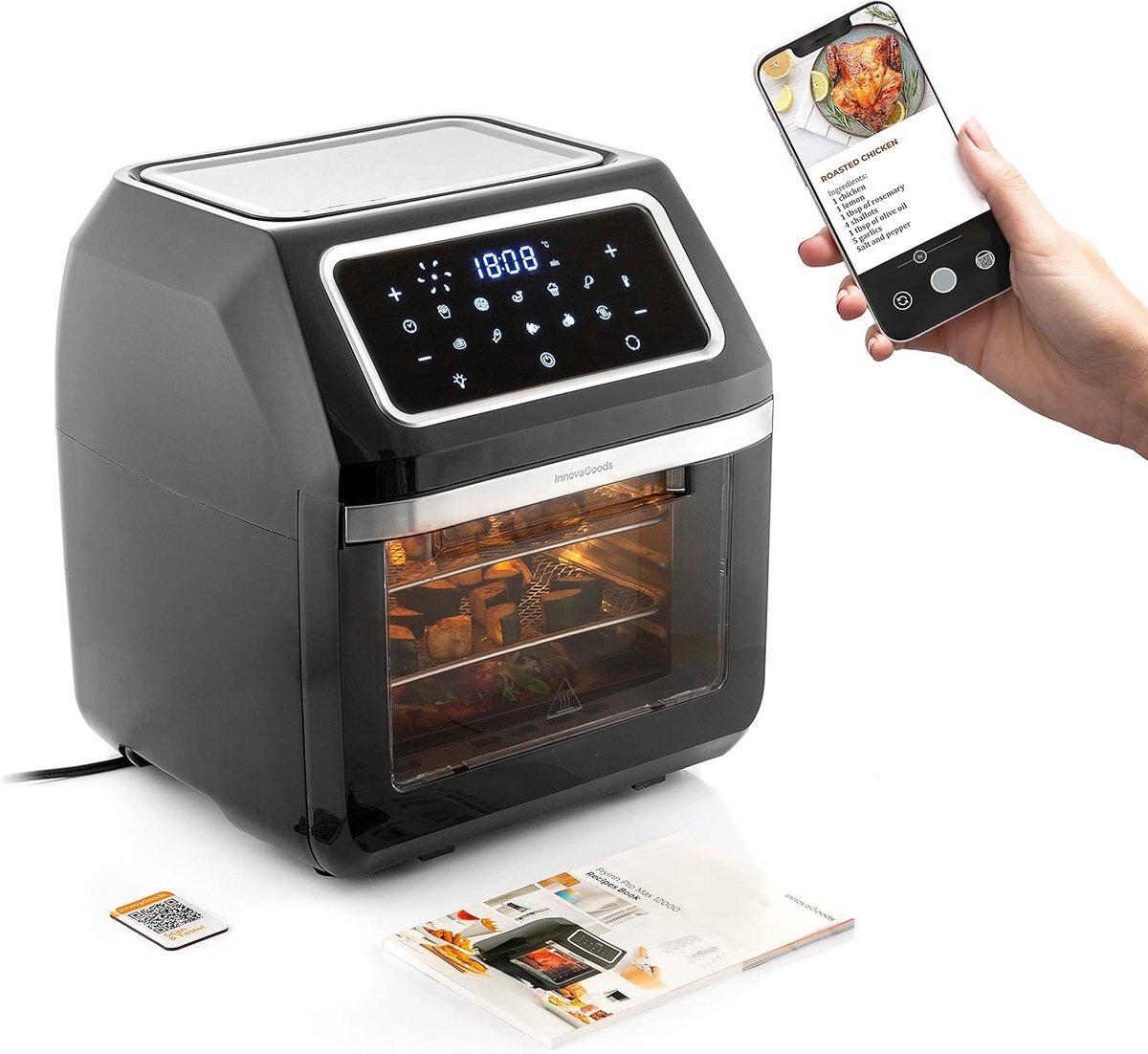Grote Airfryer 12L - 1800W - RVS - Zwart - Hete Lucht Friteuse met Timer