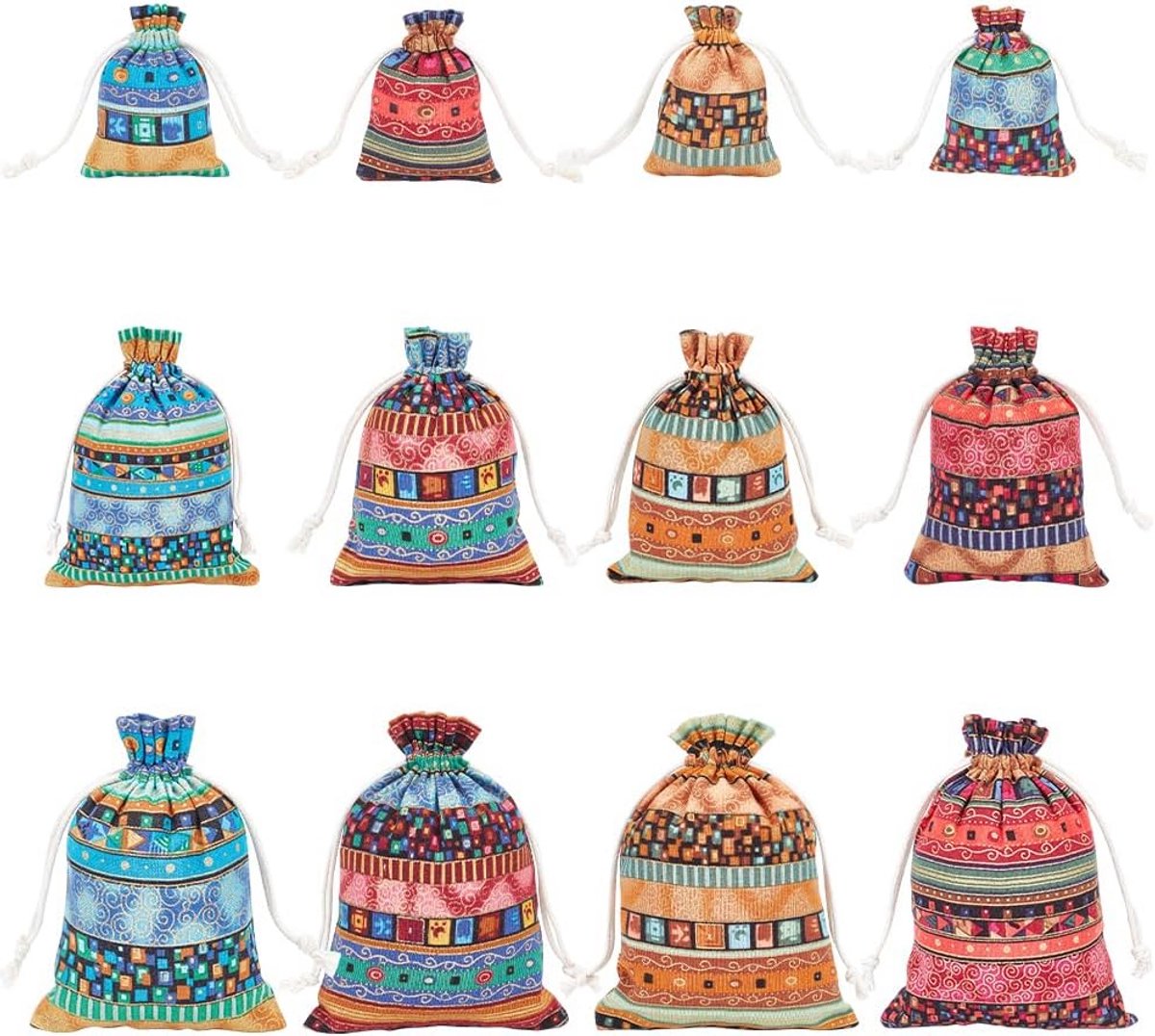 Diverse Drawstring Gift Bags in 3 Sizes - Bohemian Linenette and Ethnic Style
