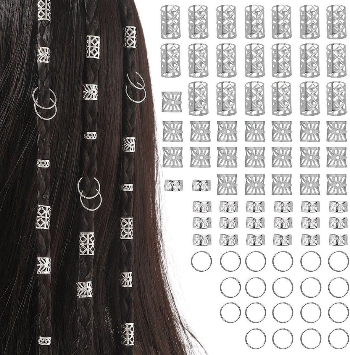 Gevlochten haarsieraden set van 80 stuks voor dreadlocks met zilveren parels en verstelbare haarring