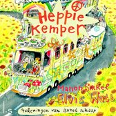 Boek "Heppie Kemper" met een gele camper, versierd met bloemen en paddenstoelen. Twee vrolijke personen zitten in de camper. Tekst: Heppie Kemper, Manon Sikkel, Elvis Watt, Tekeningen van annet schaap.