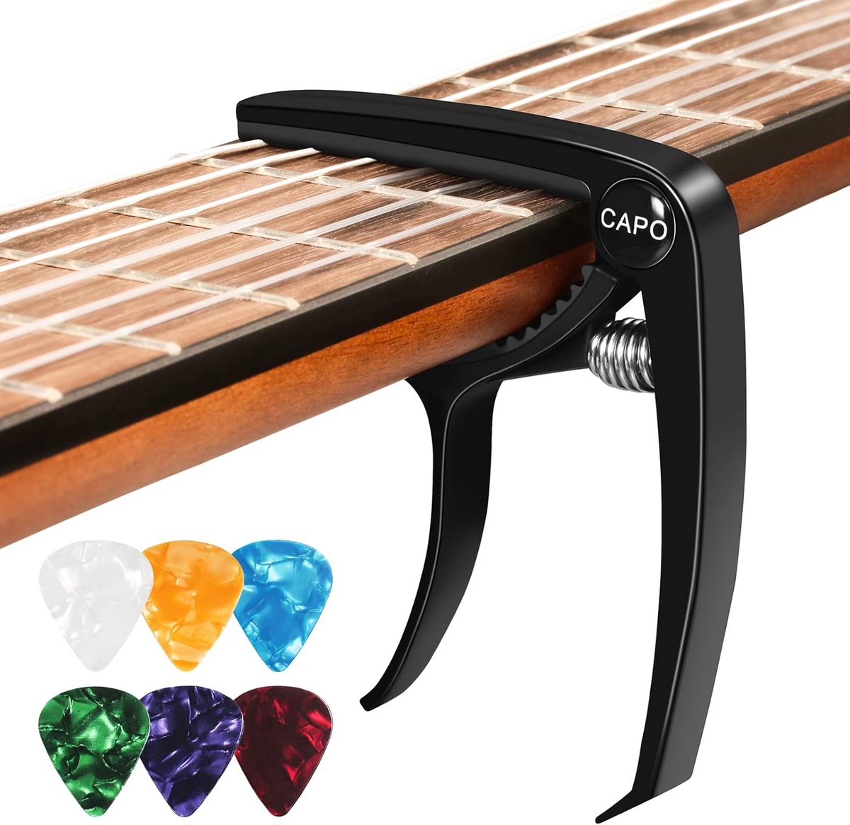 Capodaster voor gitaar en ukelele met 6 plectrums - Zwarte metalen capo