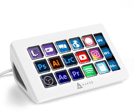 Witte AJAZZ macro control pad met 15 toetsen, met applicatie-iconen zoals Ps, Ai, Youtube en Instagram. De tekst 'AJAZZ' staat op de voorkant.