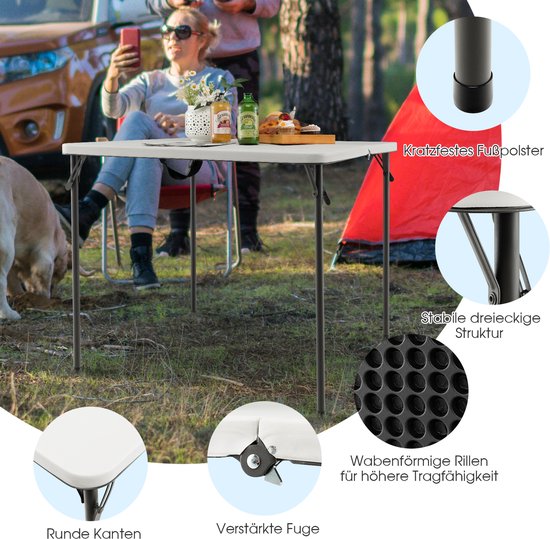 COSTWAY Klaptafel, vierkant, 86 x 86 cm, campingtafel, inklapbaar, tuintafel met HDPE-tafelblad en draaggreep, balkontafel voor 4 personen, draagbare eettafel voor keuken, tuin, camping, wit van Costway — afbeelding 3