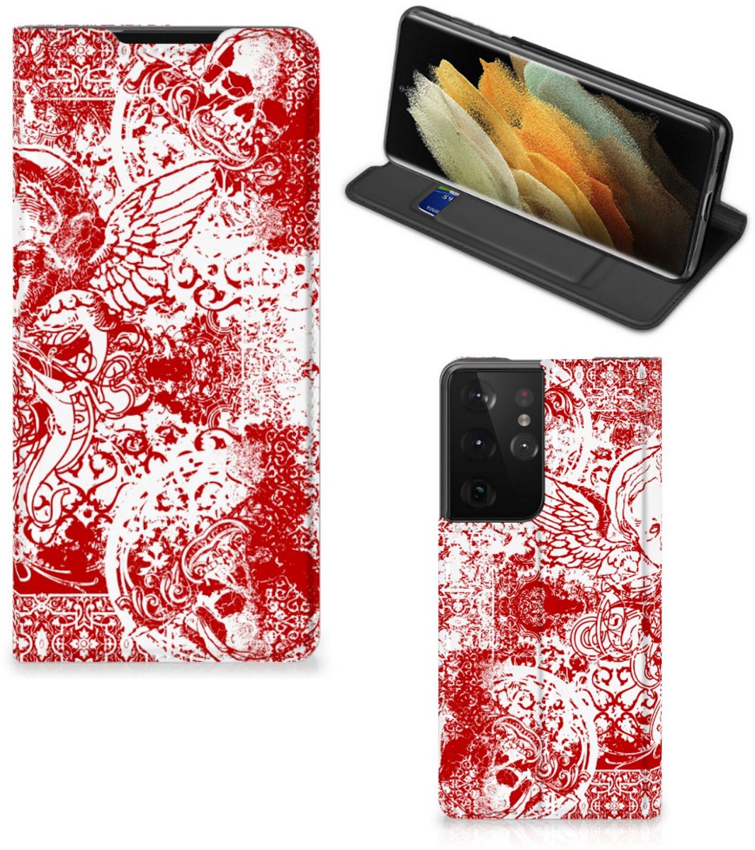 Mobiel BookCase Samsung Galaxy S21 Ultra Angel Skull Rood
