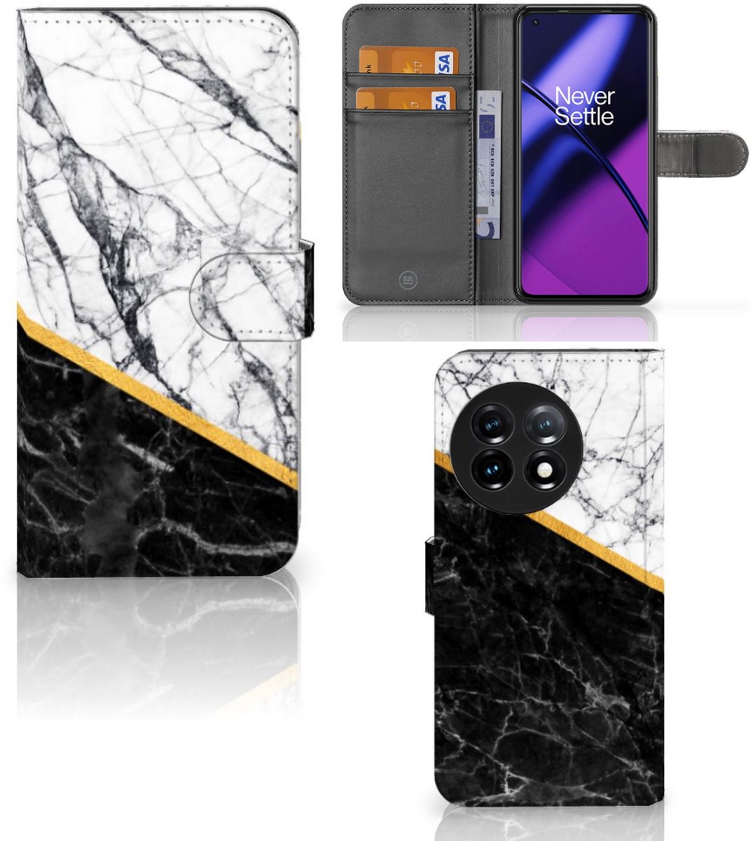 OnePlus 11 Bookcase Marmer Wit Zwart - Origineel Cadeau Man