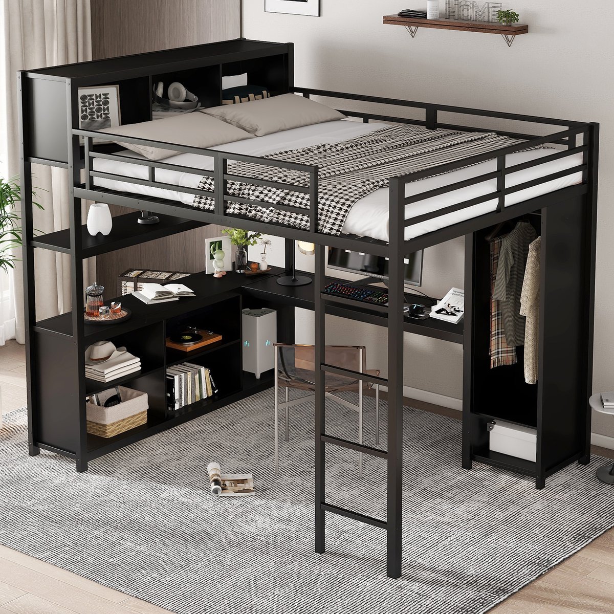 MODFU Hoogslaper 140x200 cm – Met kledingkast & bureau – Zwart – Metaal/hout – Ruimtebesparend – Slaapkamer