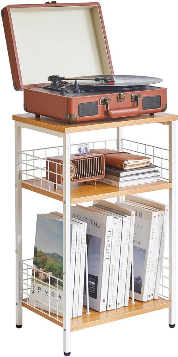 VIN® Platenspeler Meubel – Stand Platenspelerstandaard Met Vinyl Opbergvakken - Rustieke Platenopbergkasthouder - Draaitafelstandaard – 3 Laags Bijzettafel - 40 × 29 × 62,5 cm