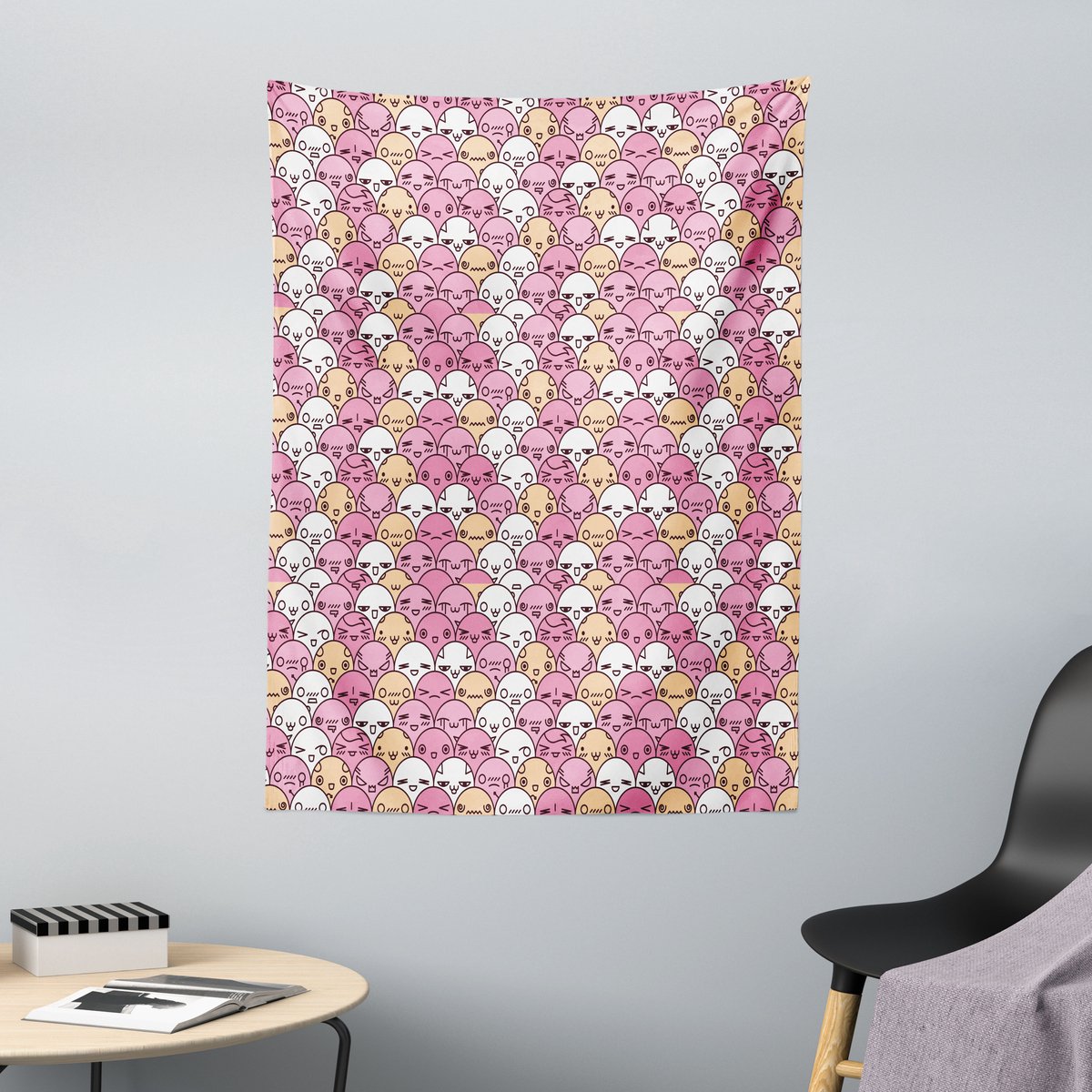 ABAKUHAUS Anime Wandtapijt, Patroon met Grappige Kawaii Gezichtjes die verschillende emoties tonen, 110 x 150 cm, Lichtroze Wit