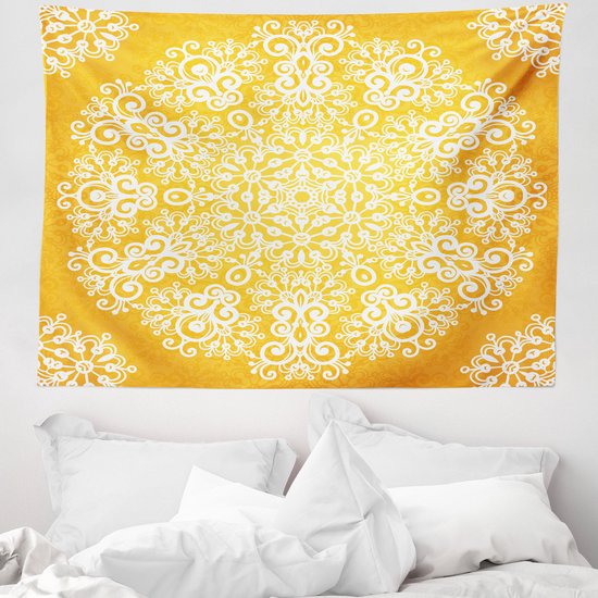 ABAKUHAUS Tapisserie et couvre-lit jaune, Fleurs et flocons de neige, 150 x 110 cm, Jaune et blanc