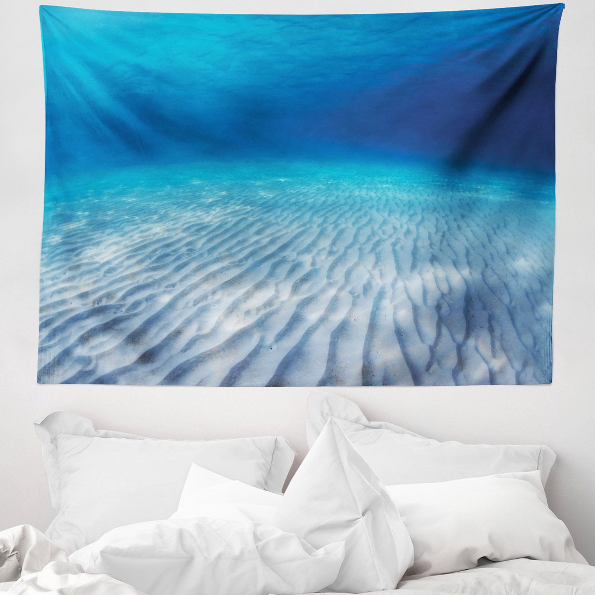 ABAKUHAUS Wandtapijt en sprei met oceaanmotief, helder water en golven, 150 x 110 cm, marineblauw beige