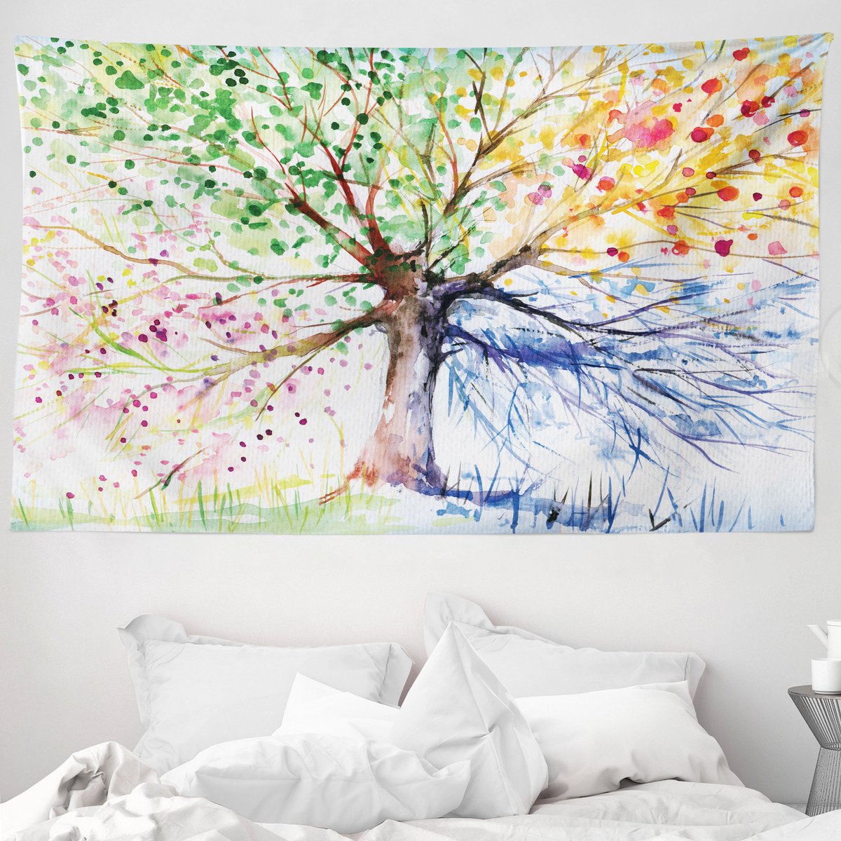 ABAKUHAUS Aquarel Wandkleed en Bedsprei, 4 Seizoenen Kleurrijke van Zachte Microvezelstof Wasbaar Kleurvast met Digitale Print, 230 x 140 cm, Meerkleurig