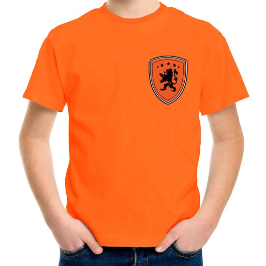 Bellatio Decorations EK / WK Supporters t-shirt - voor kinderen - oranje - schild/Leeuw - Koningsdag 122/128
