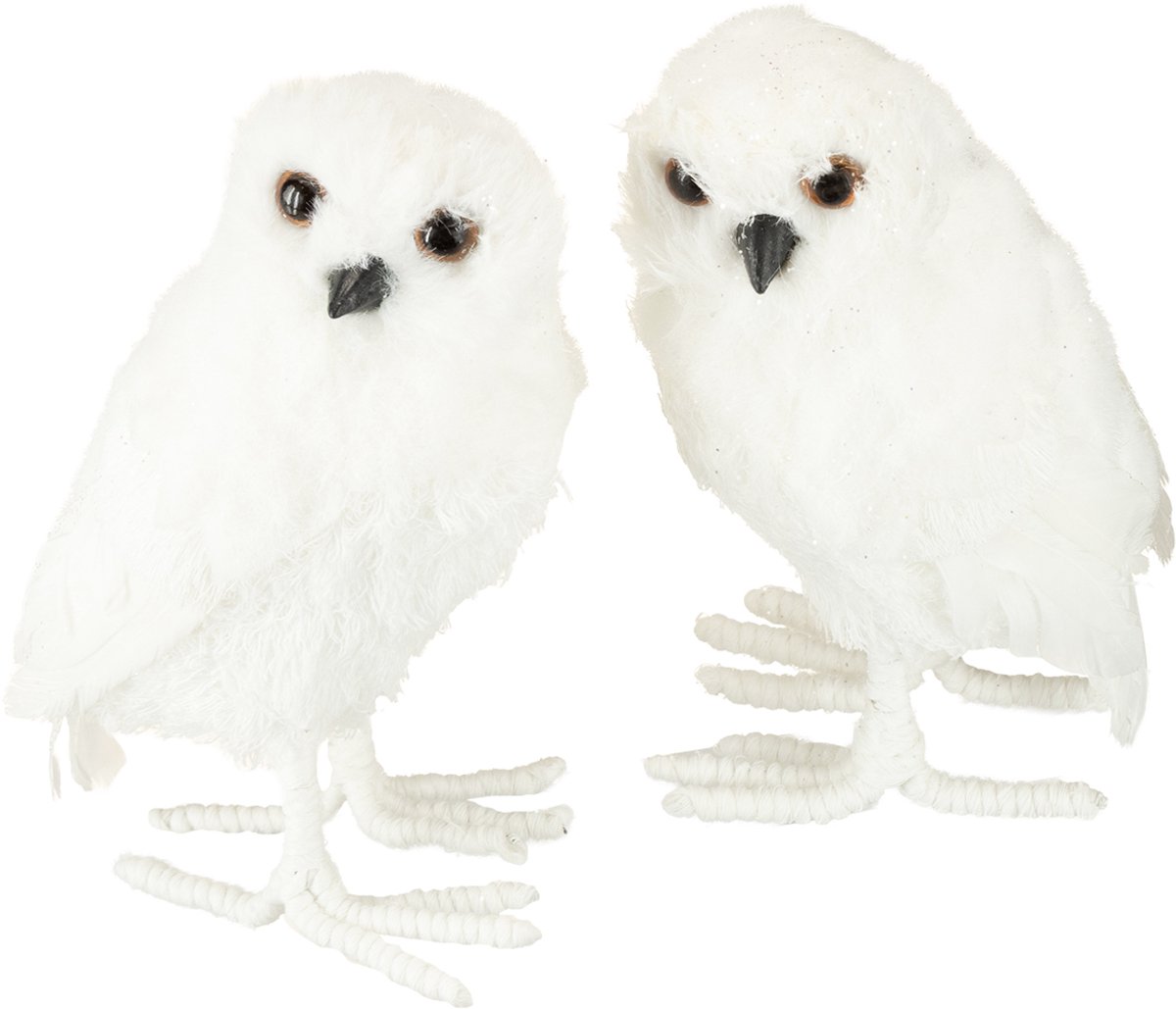Decoratieve sneeuwuil, wit met vacht en veren, 15,5 cm, 2 stuks, 2 Stü