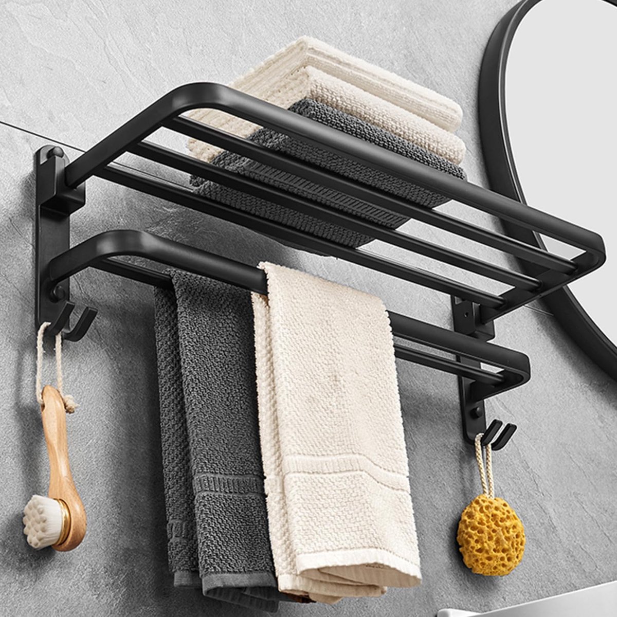 Homery Handdoekhouder Zonder Boren – 60 cm – Zwart – Zelfklevend – Badkamer & Keuken – Handdoekstang – Badkameraccessoire