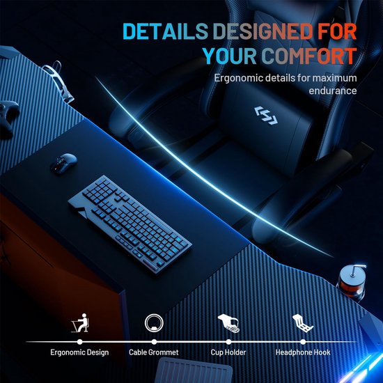Ergonomisch Gaming Bureau 120 x 60 cm - Gamingtafel met Koolstofvezel Oppervlak, Bekerhouder en Hoofdtelefoonhaak - Zwart van Merkloos — afbeelding 3