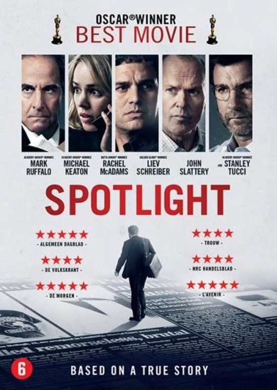Poster van de film Spotlight met de gezichten van de hoofdrolspelers en de tekst 'Oscar winnaar Beste Film'.
