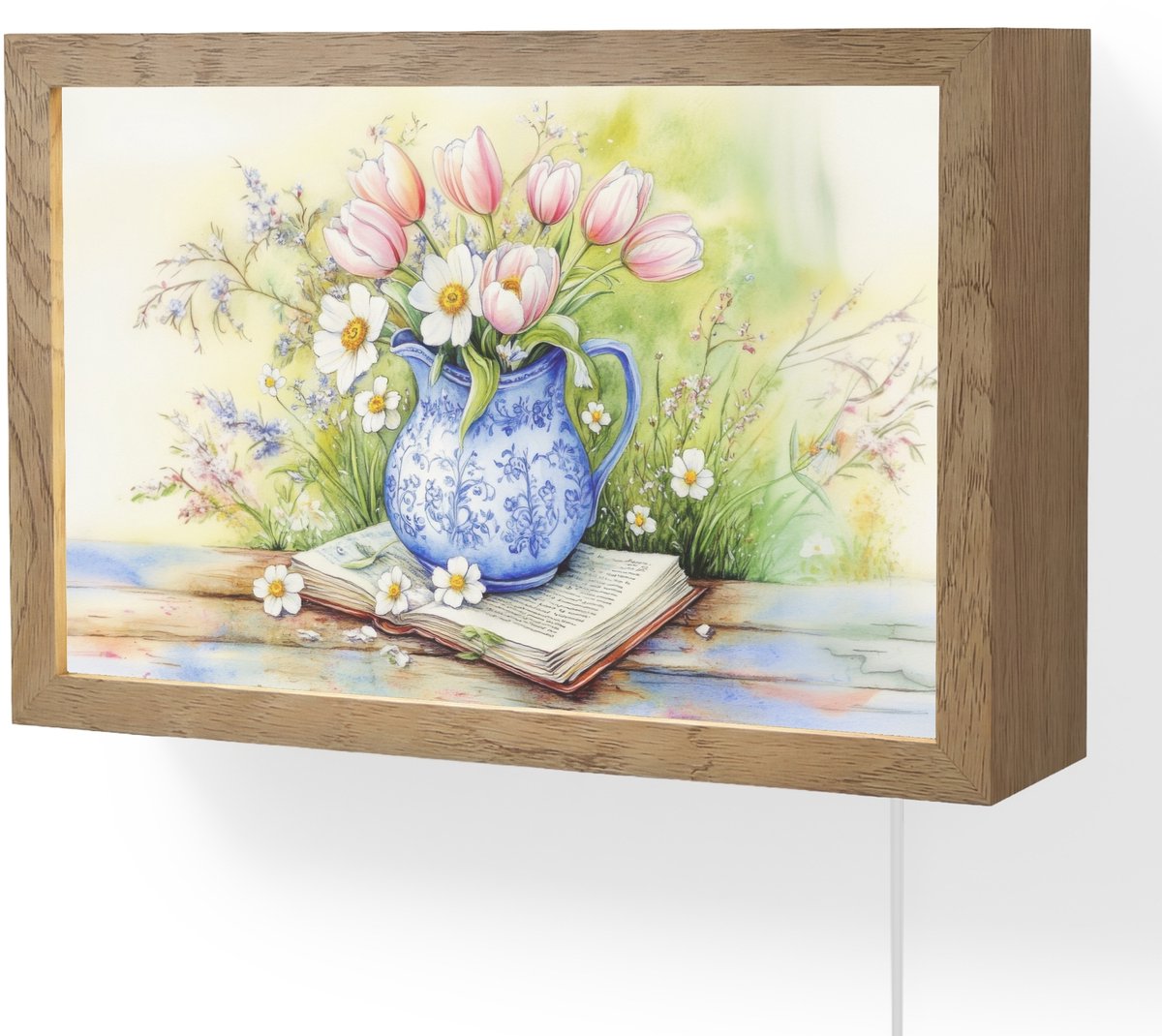 Wandlamp 30x20 cm - Oplaadbaar - Vaas - Delftsblauw - Madeliefjes - Wandlampen binnen woon
