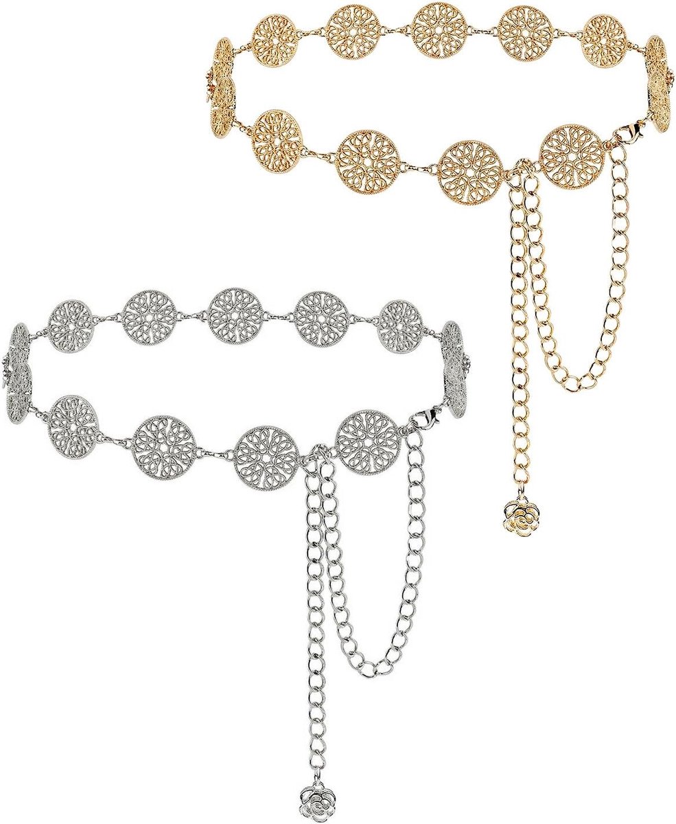 Kettingriem voor dames - Plus Size - 2 stuks holle ronde stukken metalen ketting riem - vrouwen buik taille kettingen - extra lange body ketting - verstelbare dikke riem ketting