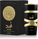 Boîte et flacon noirs avec des détails dorés. Le flacon présente une bande dorée et le texte 'ASAD' en lettres arabes dorées.