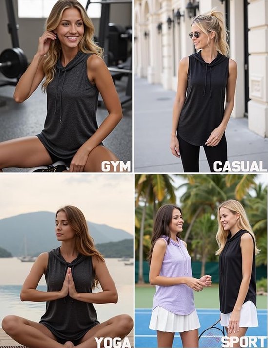 Vrouwen in donkergrijs mouwloos hoodie-shirt voor sport, yoga en casual kleding.