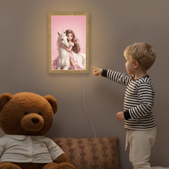 Nachtlampje 20x30 cm - Kinder lampje - Prinses - Roze - Eenhoorn - Tafellamp kinderkamer - Slaapkamer lamp - Bedlamp kinderen - Kinderlampje stopcontact - Wandlamp babykamer - Nachtlampjes van Merkloos — afbeelding 5
