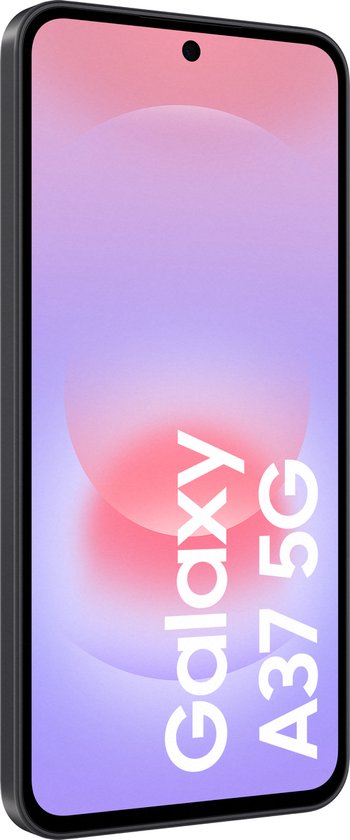 Voorkant van de Samsung Galaxy A37 5G met een paars/roze achtergrond.