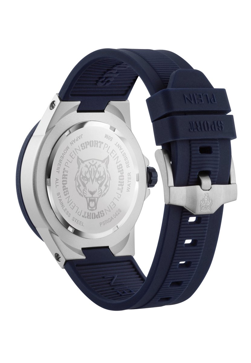 Plein Sport Vortex Quartz Analoog Horloge Blauw Kast: 100% Gerecycled Roestvrij Staal| Armband: Siliconen 46 mm PSRGA0226, PSRGA0326, PSRGA0426