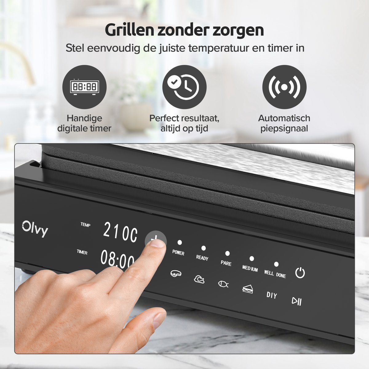 Olvy Contactgrill XL - Uitneembare PFAS-vrije platen - 180º Uitklapbaar - Vaatwasserbestendig - Met Temperatuurregeling - Panini - Croque Monsieur Toestel - Grill Apparaat - Tosti Ijzer - Apparaten — cadeau in Kookcadeaus - foto 7