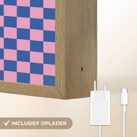 Nachtlampje 90x60 cm - Kinder lamp - Dambord - Blauw - Patroon - Roze - Tafellamp kinderkamer draadloos - Slaapkamer lampje - Bedlamp kinderen - Kinderlampje - Wandlamp babykamer - Nachtlampjes van OnlyWow — afbeelding 5