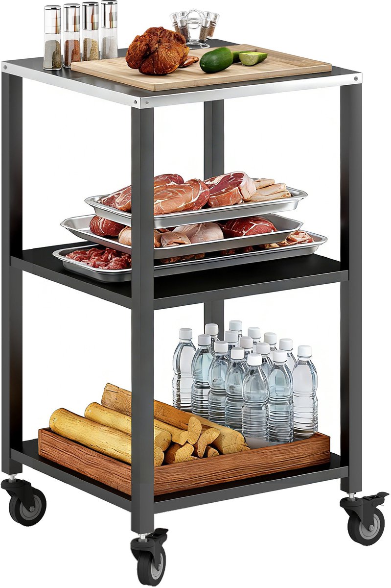 Killogood BBQ-wagen 3-laags grilltafel met roestvrij staal werkblad wielen mobiele serveerwagen 50 x 50 x 90 cm zwart