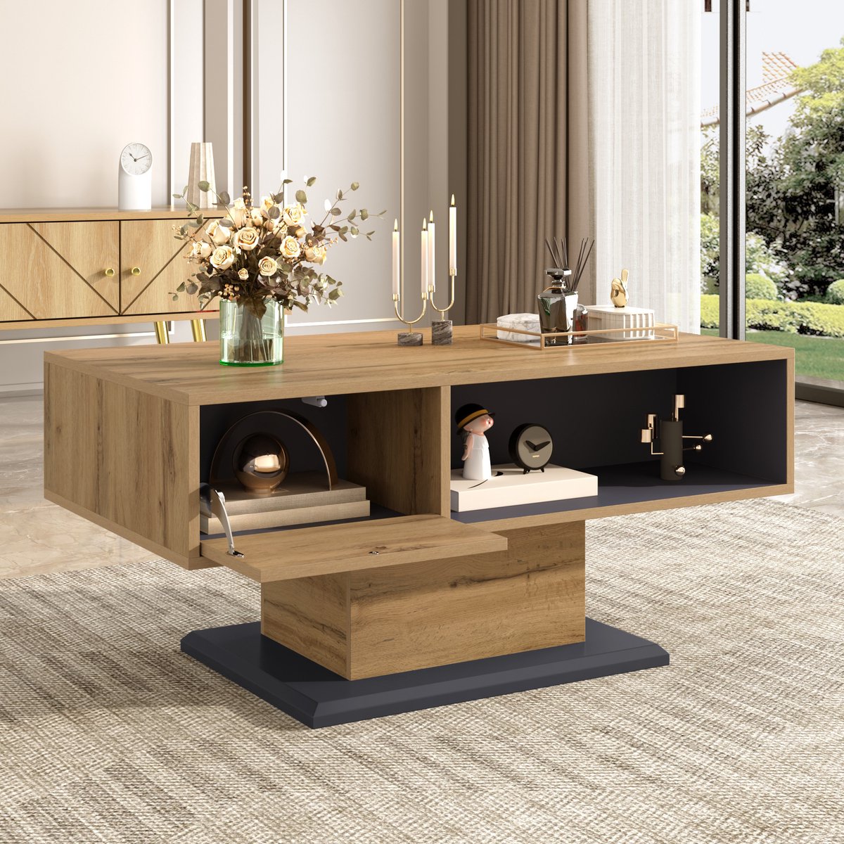 Moderne salontafel - met dubbelzijdige opslag - grote opbergvakken en interne scheidingswand - multifunctionele woonkamer tafel