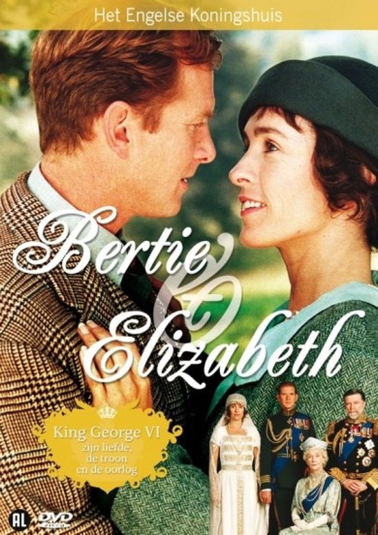 Hoes van "Bertie & Elizabeth". Een man en vrouw kijken elkaar aan. Onderaan staan de koninklijke familie.
