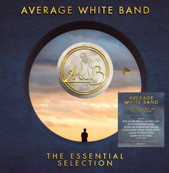 Albumcover "Average White Band - The Essential Selection" met cirkelvormig venster en bandlogo.