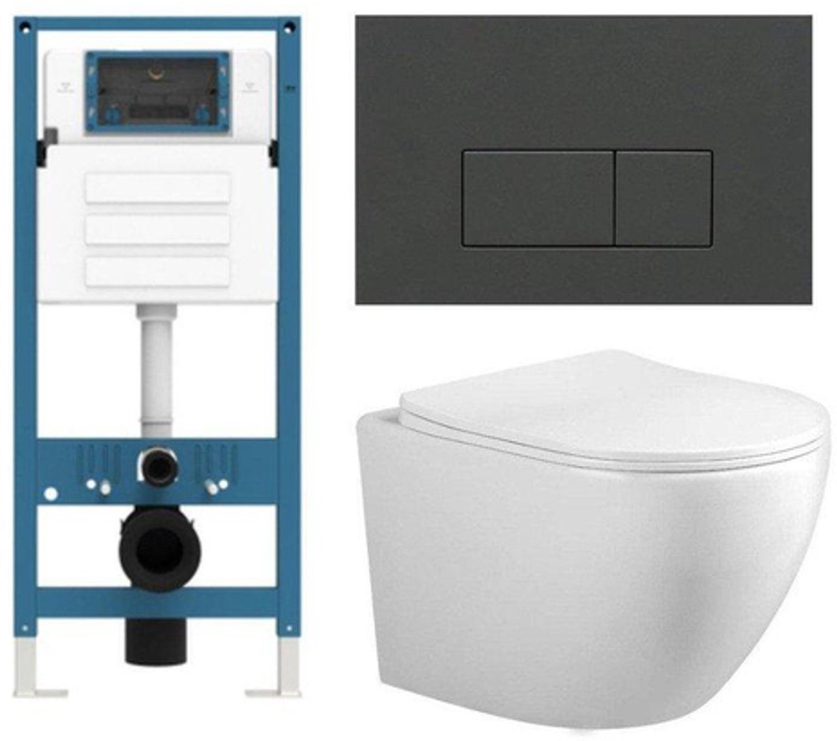 FugaFlow Eccelente Press Toiletset - 48.5x36x32cm - diepspoel - spoelrandloos - inbouwreservoir - softclose - quickrelease - toiletzitting - mat antraciet kunststof bedieningsplaat - rechthoekige knoppen - wit