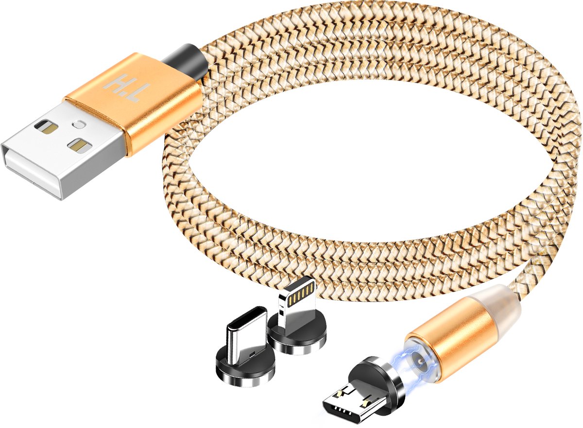 Avizar Magnetische 3-in-1 Kabel USB-C / Lightning / Micro-USB naar USB-A 1m, Goud
