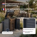Antracietgrijze kliko-ombouw met open deksel en zicht op een bruine afvalbak, met tekst over materiaal en weersbestendigheid.