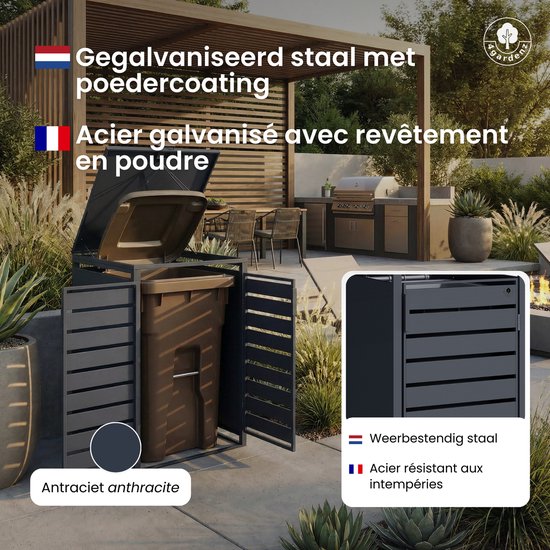Antracietgrijze kliko-ombouw met open deksel en zicht op een bruine afvalbak, met tekst over materiaal en weersbestendigheid.