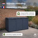 Drie antracietgrijze kliko-ombouwen naast elkaar in een tuin, met tekst over uitbreidbaarheid en hoge kwaliteit.