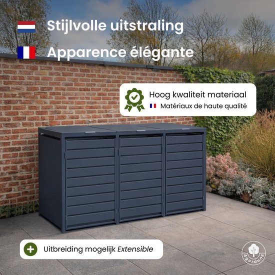 Drie antracietgrijze kliko-ombouwen naast elkaar in een tuin, met tekst over uitbreidbaarheid en hoge kwaliteit.