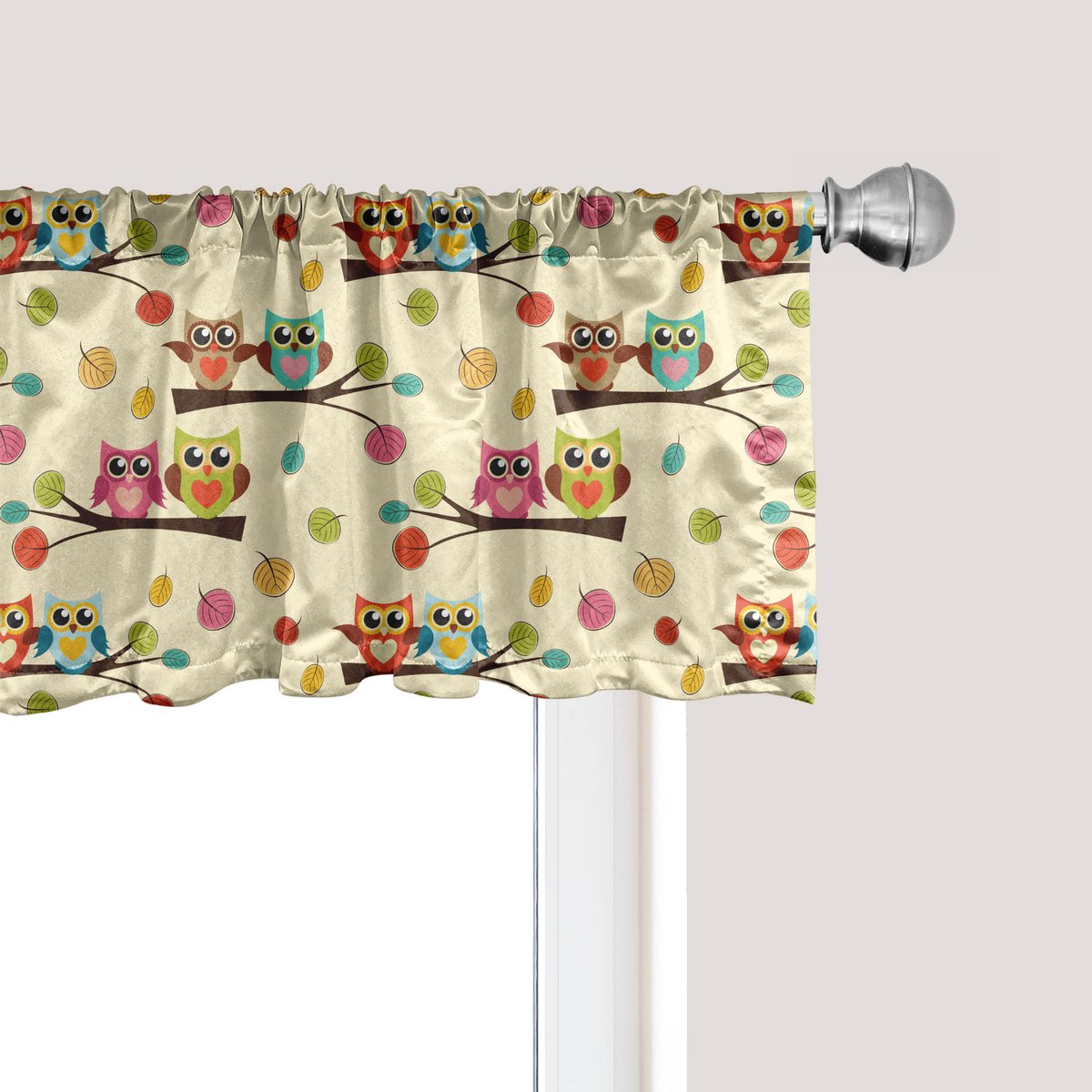 ABAKUHAUS Uilenprint Raamvalletje, Gordijnvalletje voor Keuken en Slaapkamer met Tunnelzoom, 137 cm x 30 cm, Crème en Meerkleurig