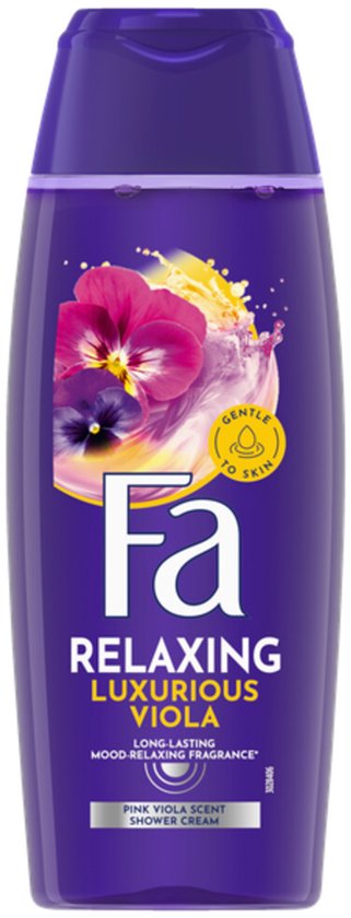 Fa Relaxing Luxurious Viola douchecrème met roze en paarse viooltjes op de voorkant.